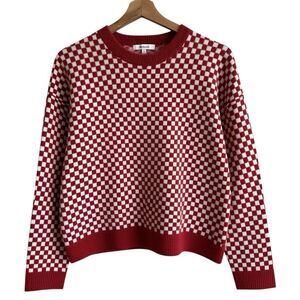 Madewell Checkerboard Jacquard Pullover Sweater S Alpaca Boxy Scarlet